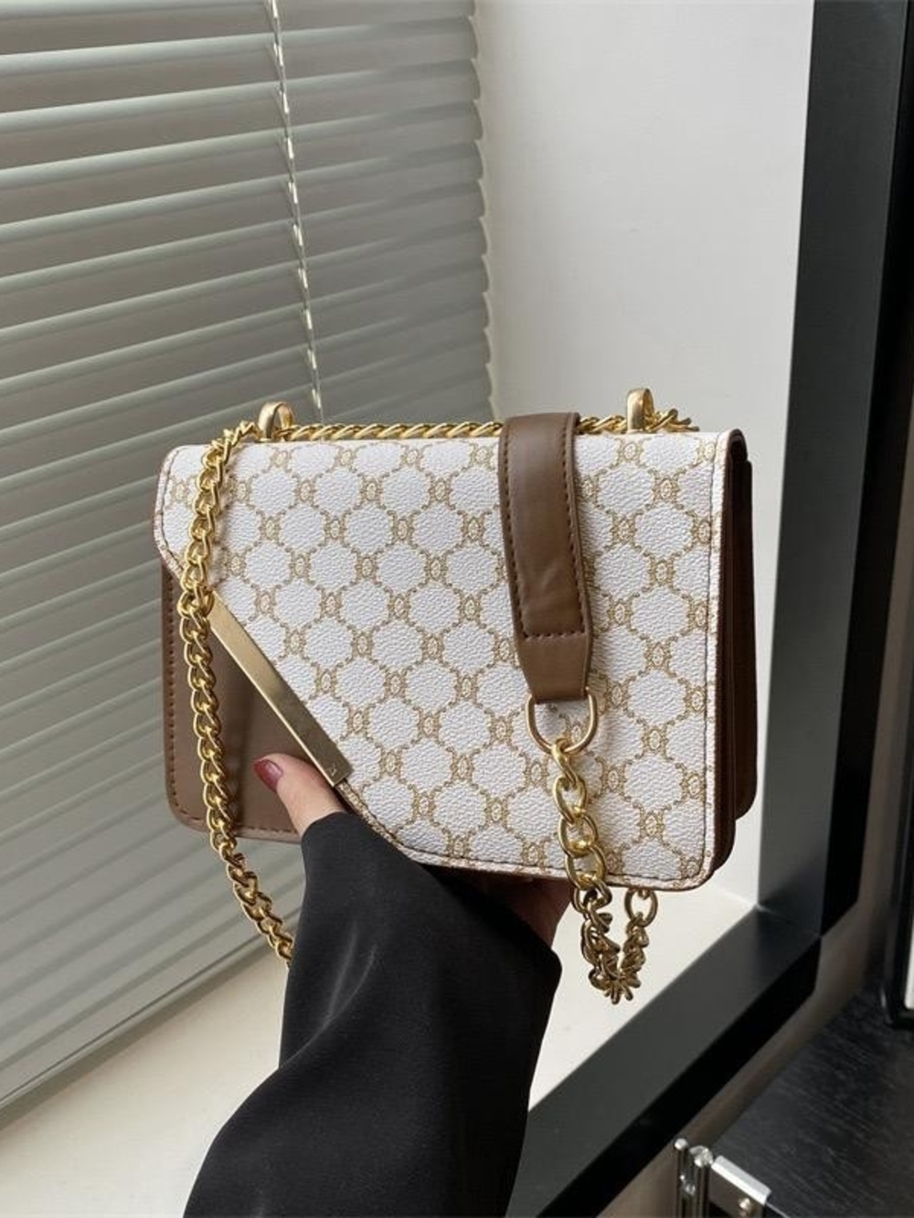 White and Brown Chain-Accent Shoulder Bag